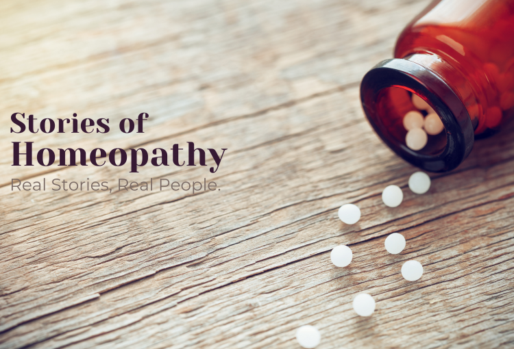 Stories of Homeopathy in text, a small vial with homeopathy pellets spilled out on the table